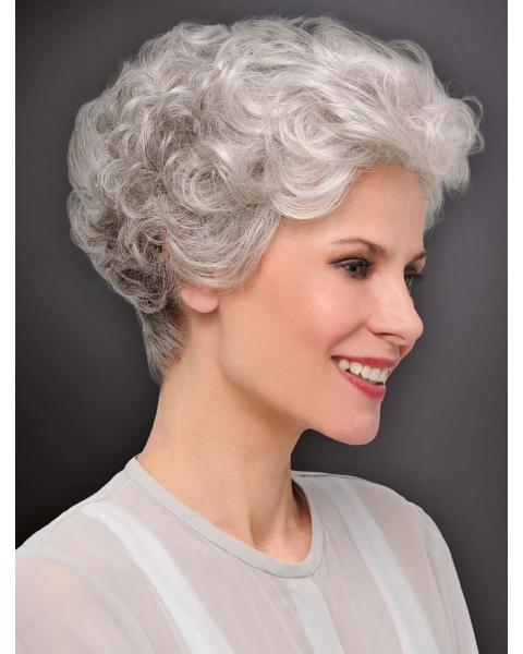 6" Cropped Curly New Monofilament Grey Wigs