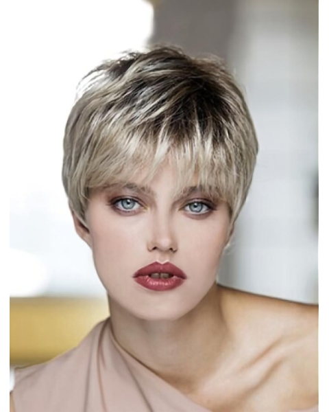 Blonde Synthetic Boycuts Straight Cropped Lace Front Wigs