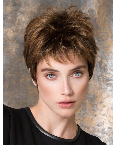 Straight 4" Brown Synthetic Boycuts Short Ladies Wigs