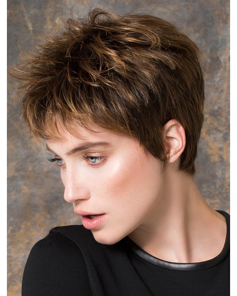 Straight 4" Brown Synthetic Boycuts Short Ladies Wigs