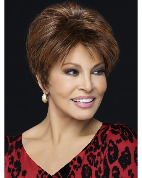 Straight Brown Layered Mono Synthetic Celebrity Wigs