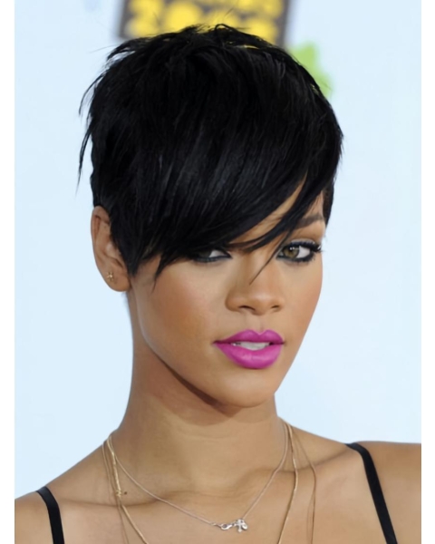 Convenient Black Straight Cropped Rihanna Wigs