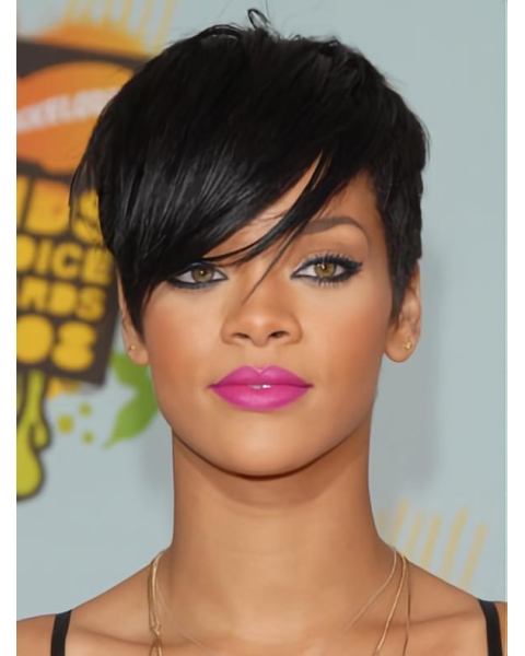 Convenient Black Straight Cropped Rihanna Wigs