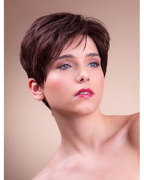 Straight Brown Boycuts 6" Monofilament Synthetic Ladies Short Hairstyles