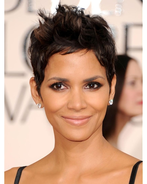 Straight Black Lace Front Cropped Boycuts Halle Berry Wigs