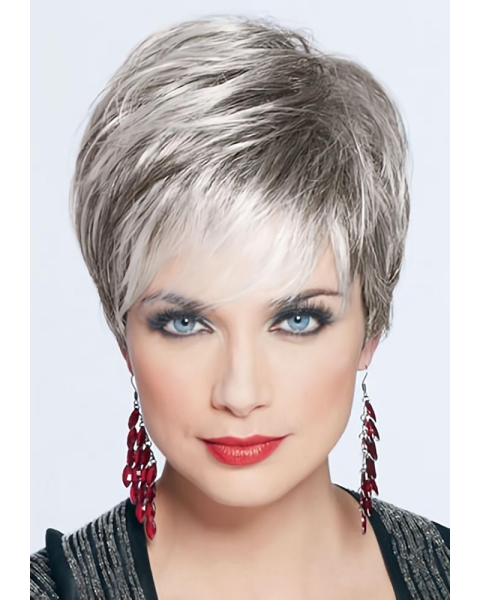 Suitable Monofilament Cropped Synthetic Grey Wigs