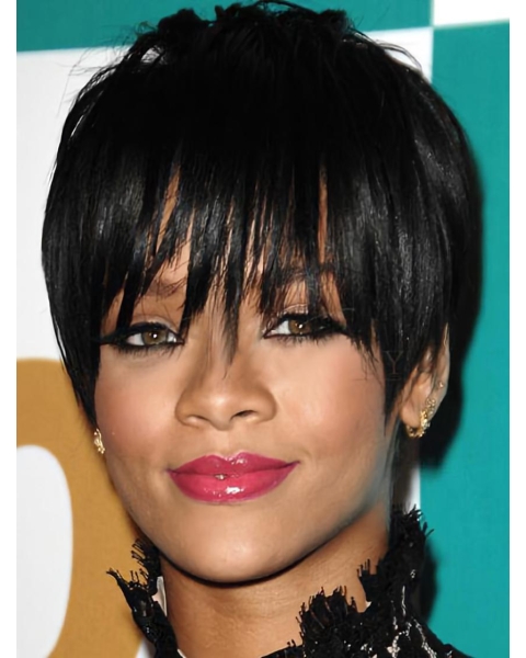 Comfortable Black Straight Cropped Rihanna Wigs