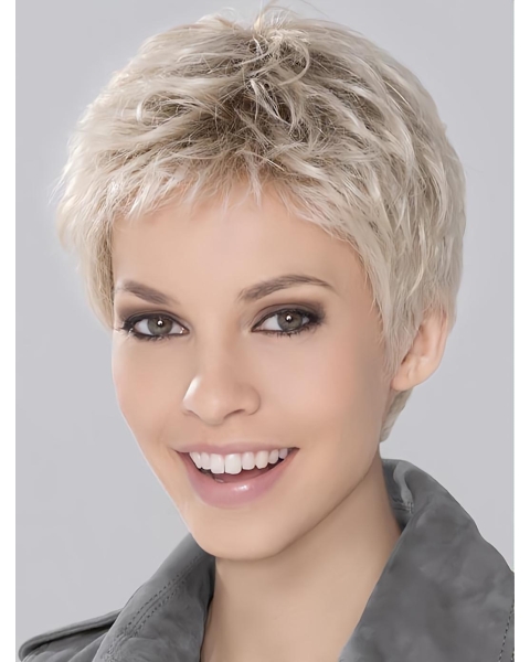 Synthetic Incredible Cropped Platinum Blonde Wavy Monofilament Wigs