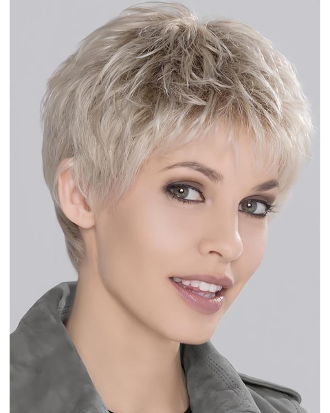 Synthetic Incredible Cropped Platinum Blonde Wavy Monofilament Wigs