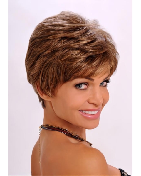 Refined Auburn Wavy Cropped Synthetic Wigs