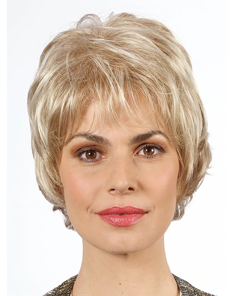 Wavy Chin Length Platinum Blonde 10" With Bangs Synthetic Mono Wig