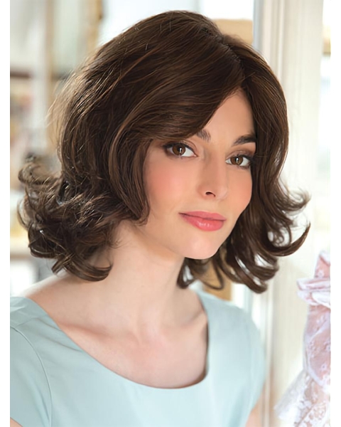 Brown 12" With Bangs Chin Length Affordable Monofilament Wigs