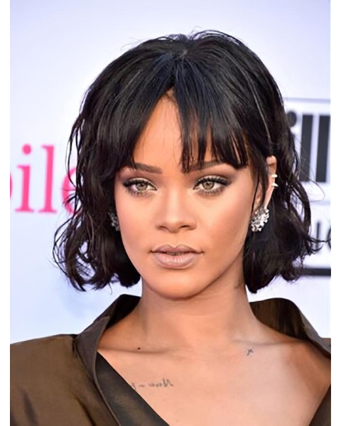 Black 10" Wavy Bobs Chin Length Rihanna Wigs