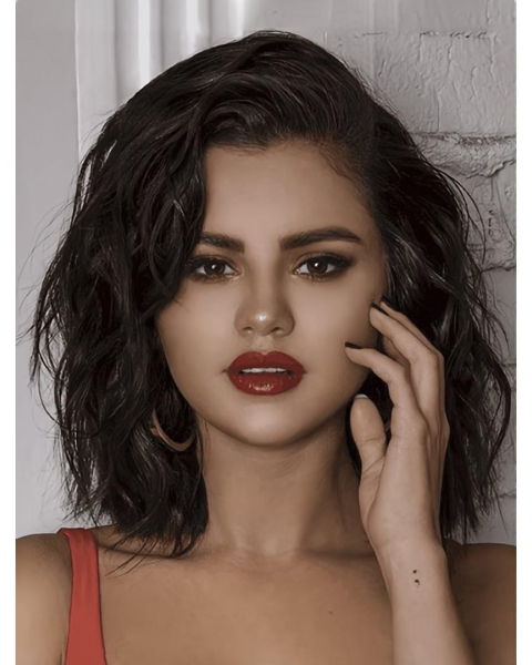 Wavy Chin Length Brown Remy Human Hair Selena Gomez Wigs