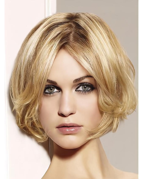 Preferential Blonde Wavy Chin Length Remy Human Lace Wigs For Cancer