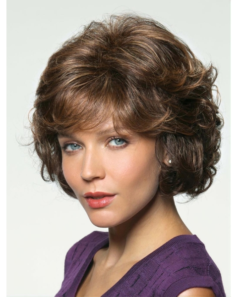 Brown Suitable Wavy Remy Human Hair Medium Wigs