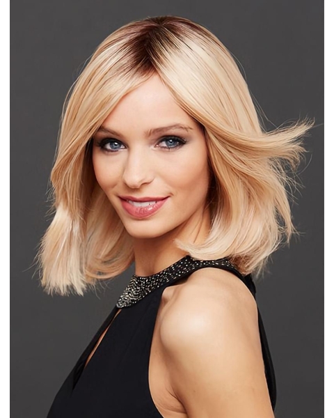 Chin Length Straight Monofilament Blonde Bobs Sleek Human Hair Wigs