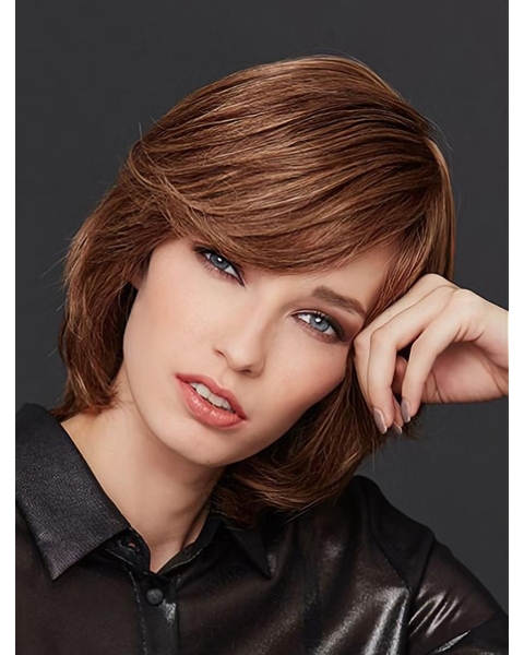 Chin Length Straight Monofilament Brown With Bangs Women Wig Medium