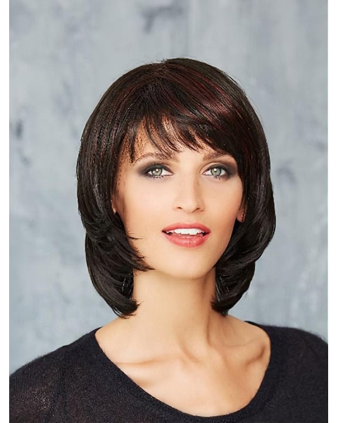 Chin Length Straight Black Monofilament Bobs Sleek Synthetic Wigs