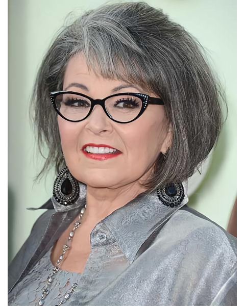 12" Straight Chin Length Lace Front Grey Mature Women Wigs