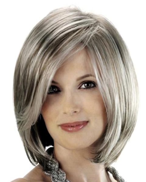 Grey Lady With Side Bangs Smooth Human Wigs