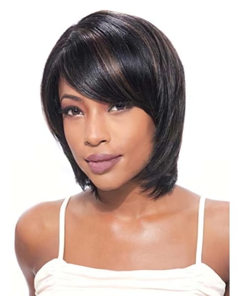 Black Lace Front Indian Remy Hair Medium Wigs