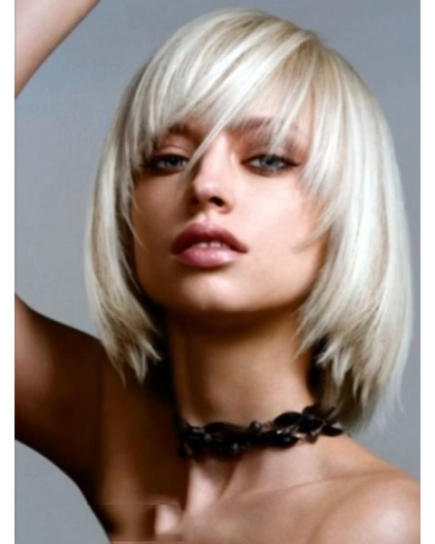 Young Fashion Platinum Blonde Medium Long Bob Straight Lace Front Wigs