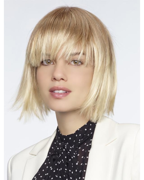 Perfect Blonde Chin Length Straight With Bangs High Quality Wigs