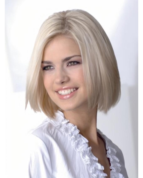 Young Fashion Platinum Blonde Medium Length Haircut Straight Full Lace Remy Human Wigs