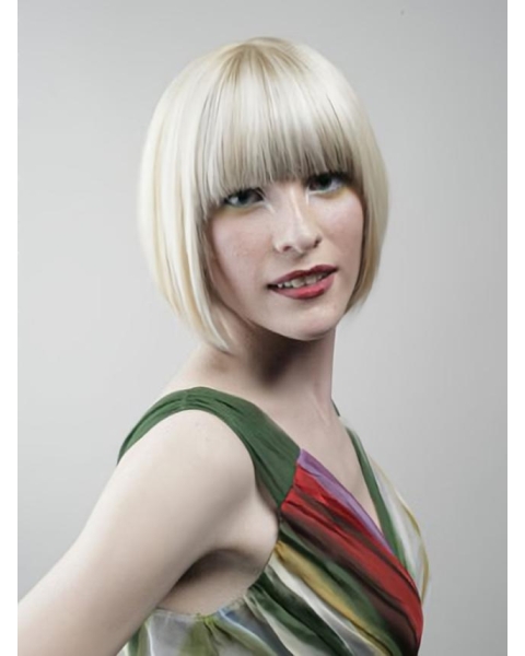 Young Fashion Platinum Blonde Chin Length Straight Full Lace Human Wigs