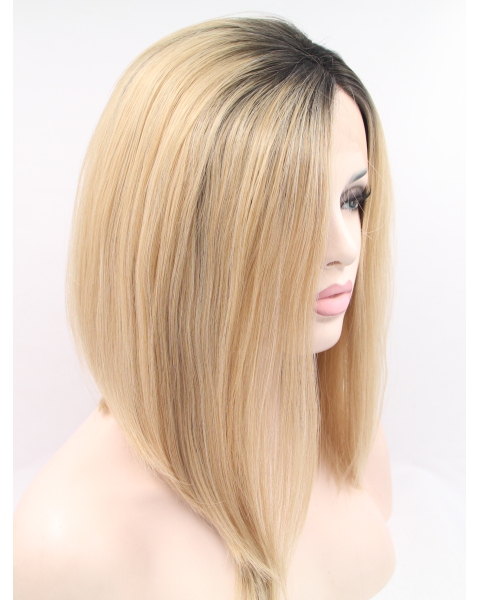 12" Straight Blonde Without Bangs Synthetic Chin Length Lace Front Wigs