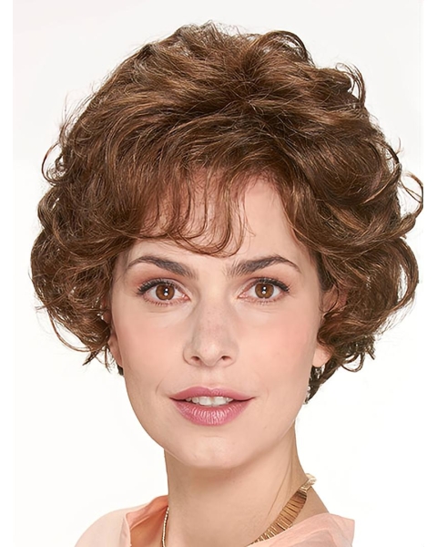 Chin Length Monofilament Brown Curly 10" Synthetic Beautiful Medium Wigs