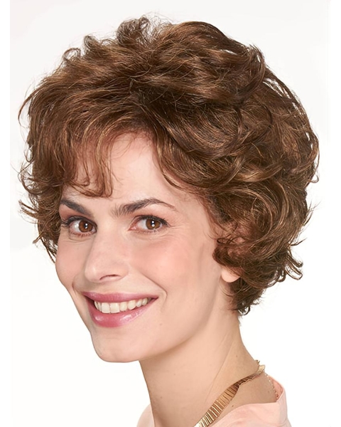 Chin Length Monofilament Brown Curly 10" Synthetic Beautiful Medium Wigs