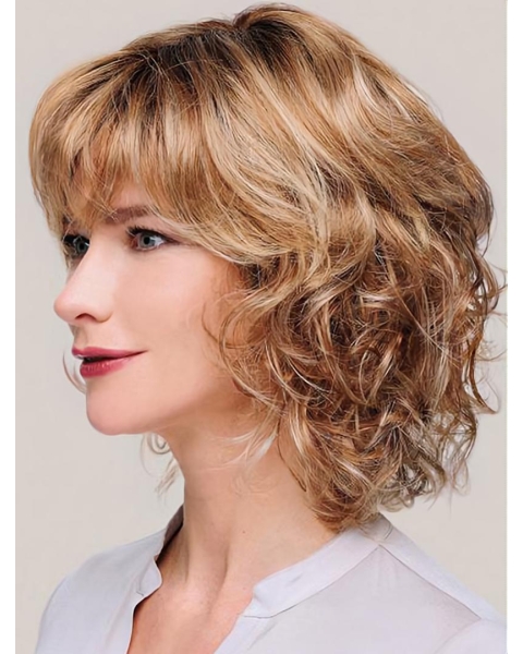 Monofilament Blonde Chin Length Curly 12" With Bangs Synthetic Wigs For Women