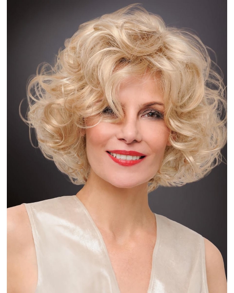 Curly Chin Length Designed Synthetic Platinum Blonde Monofilament Wigs