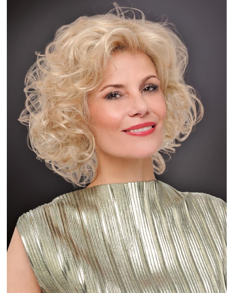 Curly Chin Length Designed Synthetic Platinum Blonde Monofilament Wigs