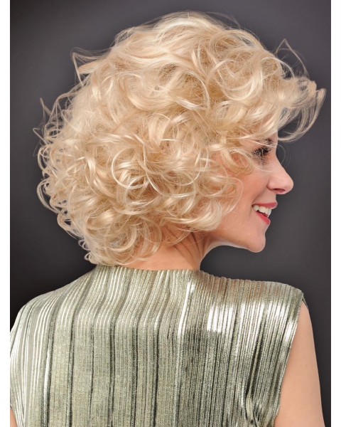 Curly Chin Length Designed Synthetic Platinum Blonde Monofilament Wigs