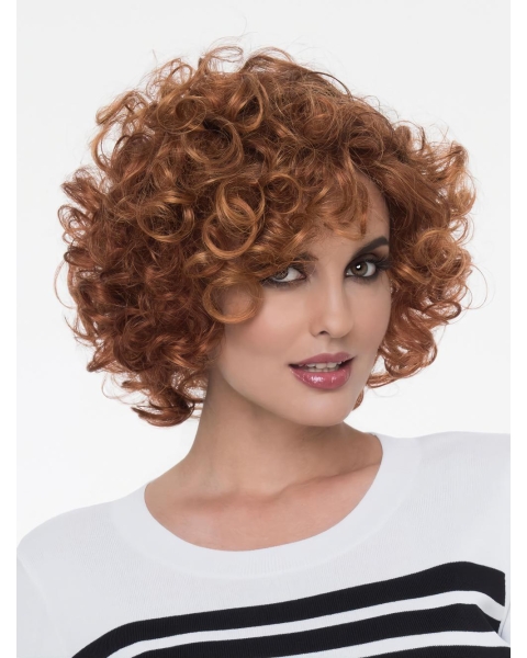 Curly Auburn With Bangs Mono Natural Looking Synthetic Lace Wigs