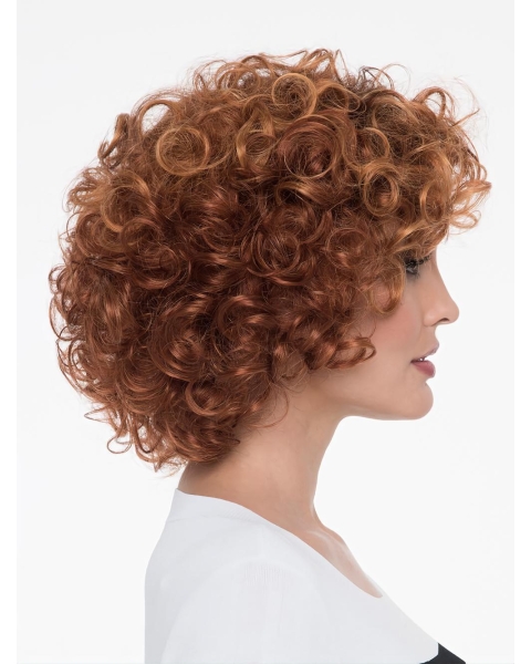 Curly Auburn With Bangs Mono Natural Looking Synthetic Lace Wigs