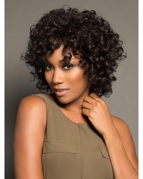 Comfortable 10" Curly Chin Length With Bangs African American Wigs