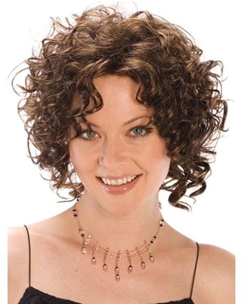 Designed Brown Curly Chin Length Synthetic Wigs