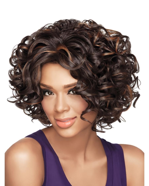 Good Brown Curly Chin Length African American Wigs