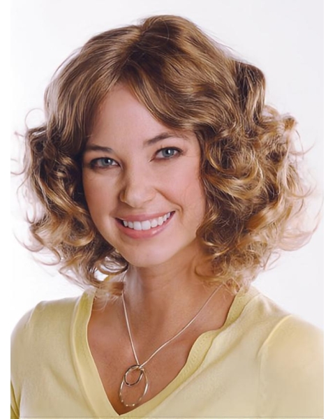 Brown Faddish Curly Remy Human Hair Medium Wigs