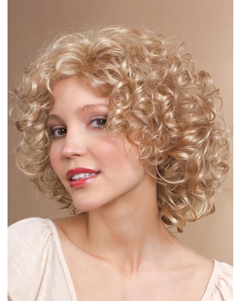 Shining Blonde Curly Chin Length Synthetic Wigs