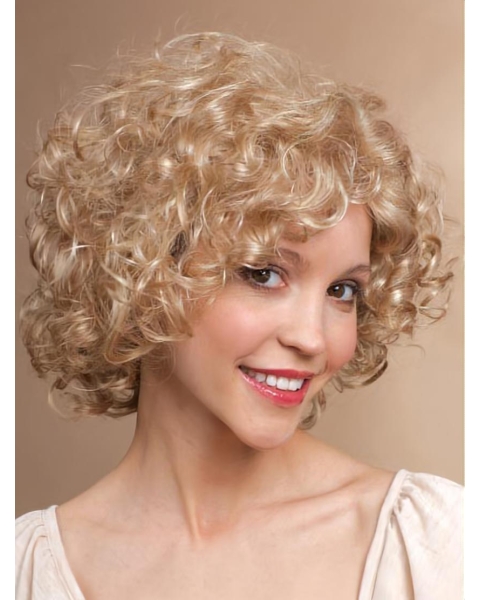 Shining Blonde Curly Chin Length Synthetic Wigs