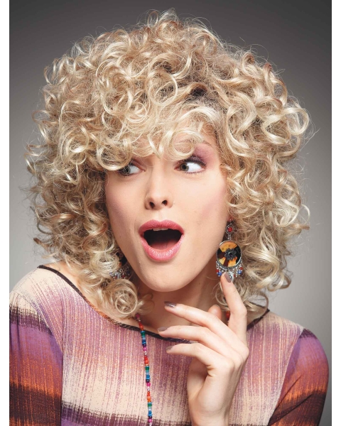 Fashional Blonde Chin Length Curly With Bangs Beautiful Wigs