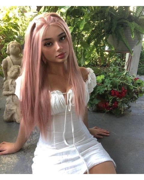 Pink Long Straight Bitter Sweet Synthetic Lace Front Wigs For Women