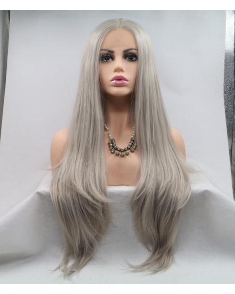 Fashion Long Straight Synthetic Lace Front Silver Wigs