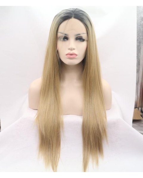 Golden Long Straight  Grunge Synthetic Lace Front Wigs For Women Without Bang