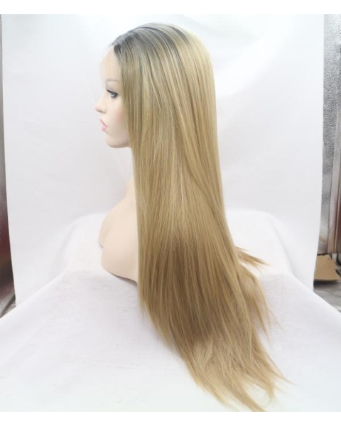 Golden Long Straight  Grunge Synthetic Lace Front Wigs For Women Without Bang